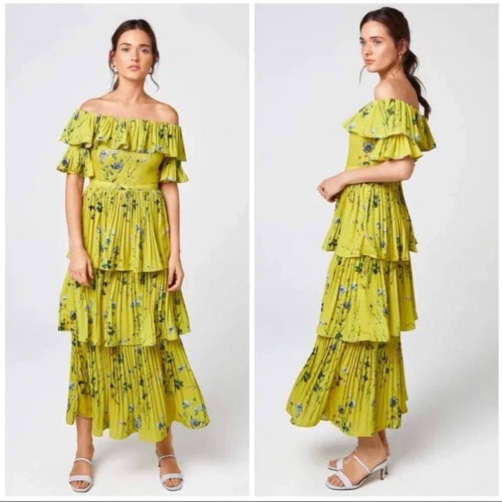OPT Few Moda Tiered Floral Yellow Dress - Off Shoulder Maxi - Wedding Guest
